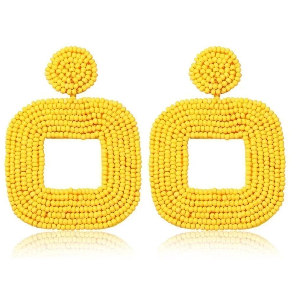 Square Yellow Beaded Faux Leather Boho Dangling Drop Statement Post Earrings